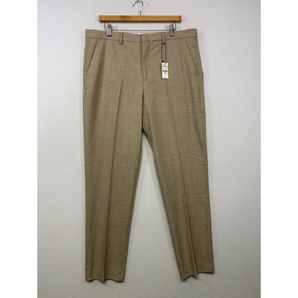 Preppy Express Mens 36x34 Tan Yellow Windowpane Extra Slim Dress Pants Business
